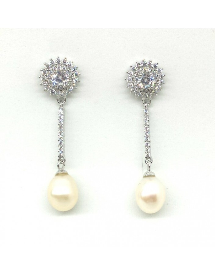 Pendientes plata largos con circonitas y perlas